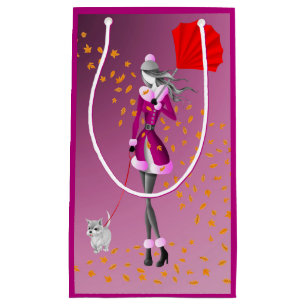 Petit Sac Cadeau Parapluie rouge chien Walker en automne