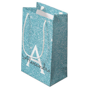 Petit Sac Cadeau Parties scintillant bleu Aqua turquoise et Monogra