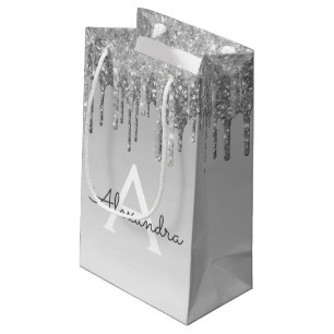 Petit Sac Cadeau Parties scintillant en argent de luxe et monogramm