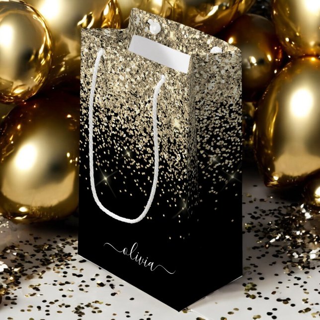 Petit Sac Cadeau Parties scintillant Noir Or Script Monogramme Nom  (Créateur téléchargé)