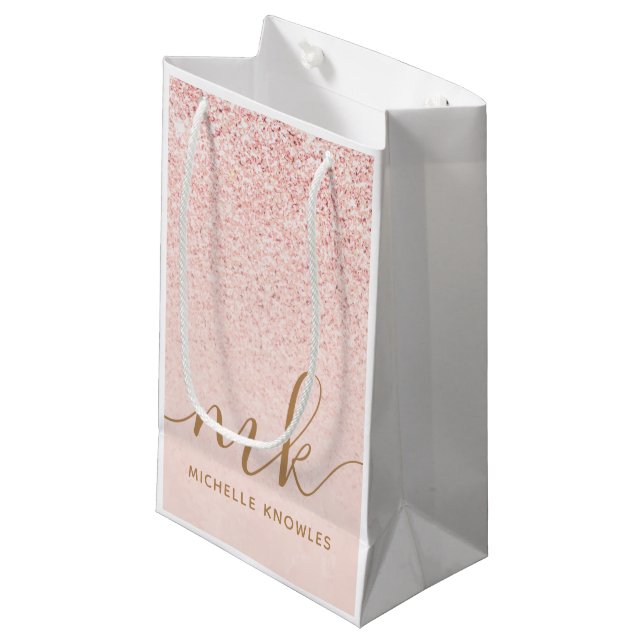 Petit Sac Cadeau Parties scintillant or Rose tendance Initiales fan (Devant Angle)