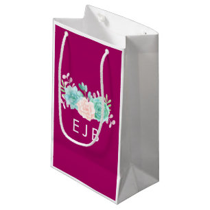 Petit Sac Cadeau Pastel Pink & Green Bouquet Floral Monogramme