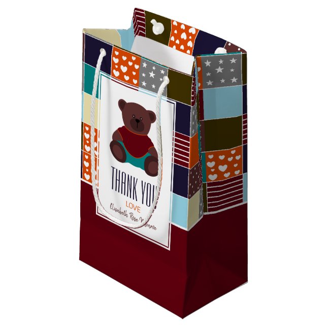 Petit Sac Cadeau Patchwork Teddy Bear, Baby shower Merci Favoriser (Devant Angle)