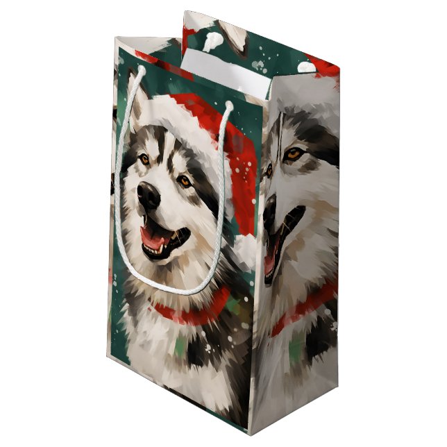 Petit Sac Cadeau Peinture de Noël Husky (Dos Angle)