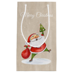 Petit Sac Cadeau Père Noël drôle avec Aquarelle d'arbre de Noël