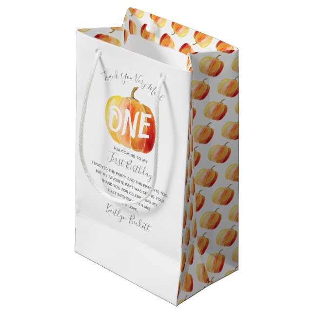 Petit Sac Cadeau Petit Citrouille 1er anniversaire Merci (Devant Angle)