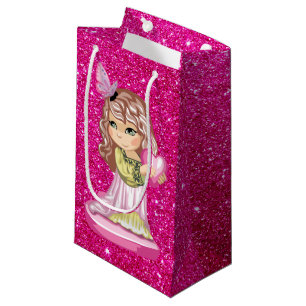 Petit Sac Cadeau Petite fille tenant le coeur Fuschia Faux Parties 