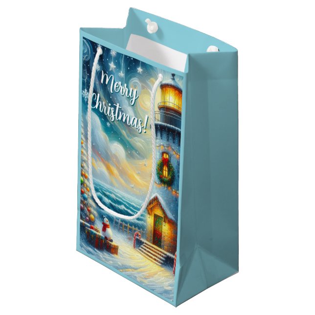 Petit Sac Cadeau Phare de Noël Arbre Nautique Bleu Côtier (Devant Angle)