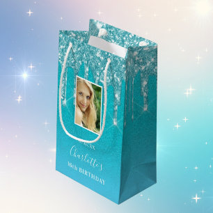 Petit Sac Cadeau Photo d'anniversaire turquoise bleu parties scinti