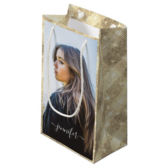 Petit Sac Cadeau Photo et texte personnalisés Gold Anniversaire uni (Devant Angle)