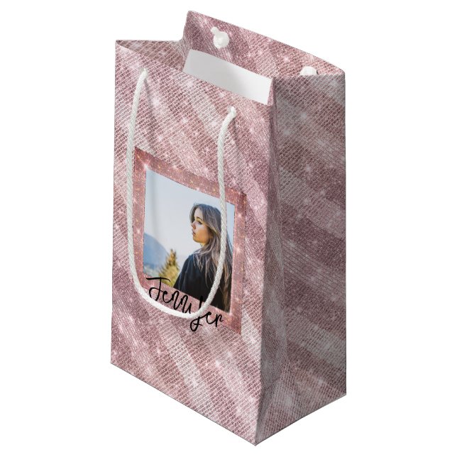Petit Sac Cadeau Photo et texte personnalisés Rose or Anniversaire  (Devant Angle)