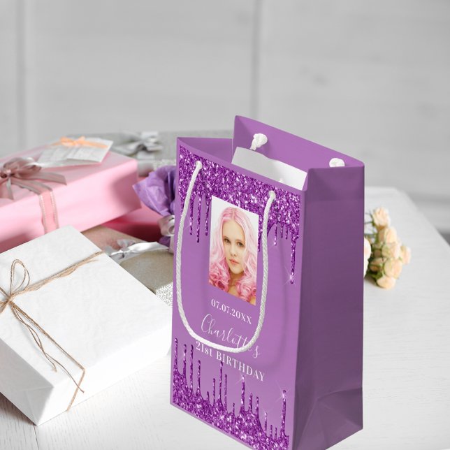 Petit Sac Cadeau Photo violet parties scintillant gouttes photo (Créateur téléchargé)