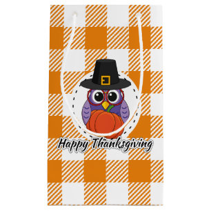 Petit Sac Cadeau Pilgrim owl on Orange Plaid - Happy Thanksgiving