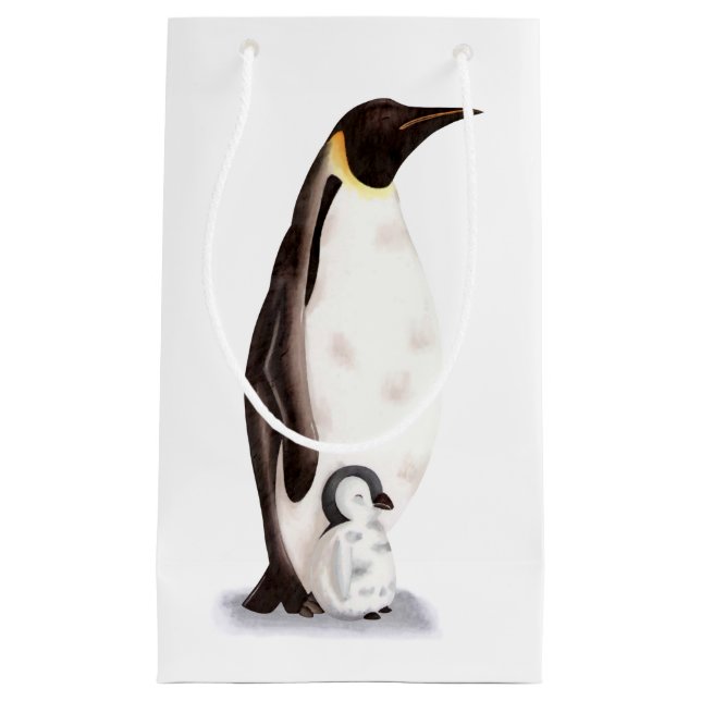 Petit Sac Cadeau Pingouin empereur et pingouin bébé hiver blanc (Devant)