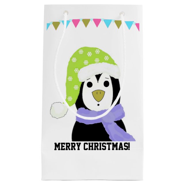 Petit Sac Cadeau Pingouin en Casquette de vacances et Écharpe (Devant)