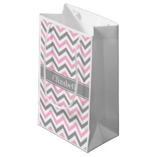 Petit Sac Cadeau Pink Dk Gray White LG Chevron Gray Name Monogram