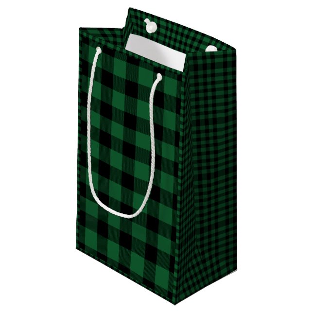 Petit Sac Cadeau Plaid de bisons vert et noir, À damiers rustique (Devant Angle)