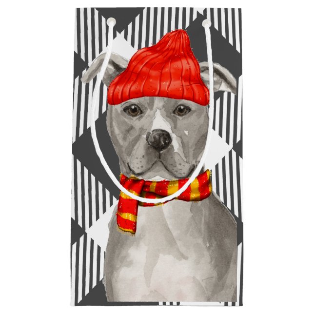 Petit Sac Cadeau Plaid gris avec Staffordshire Pitbull Noël (Devant)