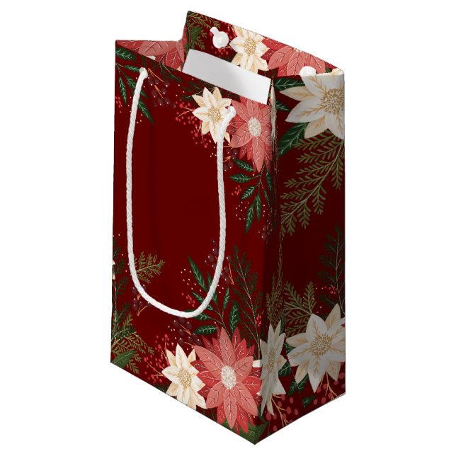 Petit Sac Cadeau Poinsettia moderne Maroon de Noël fête peinte (Devant Angle)