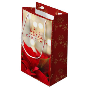 Petit Sac Cadeau Poinsettias rouges avec Golden Bokeh Noël