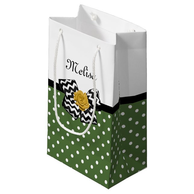 Petit Sac Cadeau Points verts mignons Rose jaune Chevron Bow et nom (Devant Angle)