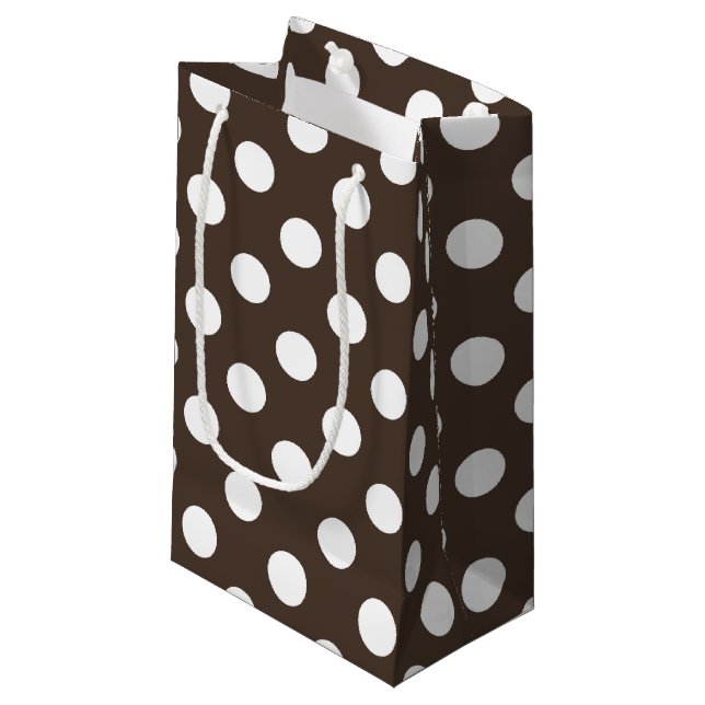 Petit Sac Cadeau Pois blancs sur brun (Devant Angle)
