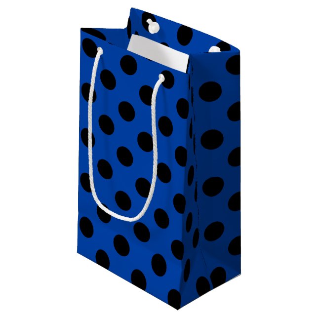 Petit Sac Cadeau Pois noirs sur bleu royal (Devant Angle)