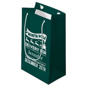 Petit Sac Cadeau Pôle Nord VERT & Blanc PÈRE NOËL Nom de livraison