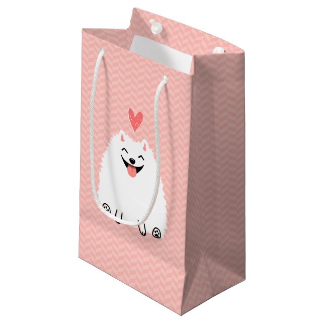 Petit Sac Cadeau Pomeranian blanc pelucheux avec le coeur de (Devant Angle)
