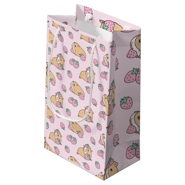 Petit Sac Cadeau Porc de Guinée rose et Motif aux fraises (Dos Angle)