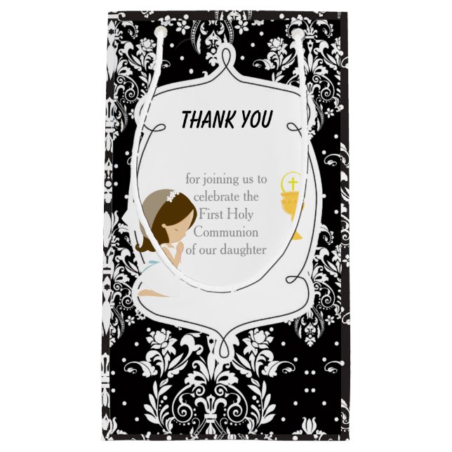 Petit Sac Cadeau Première Communion Brunette Merci de fille cheveux (Devant)