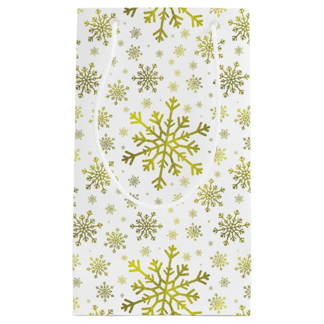 Petit Sac Cadeau Pretty Gold Noël Snowflakes sur Winter White (Devant)