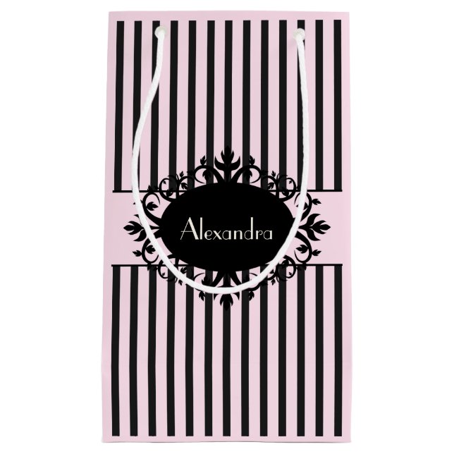 Petit Sac Cadeau Rayure parisienne fleurie noire et rose élégante (Devant)