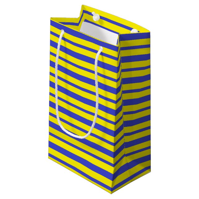 Petit Sac Cadeau Rayures bleues et jaunes épaisses et minces (Devant Angle)