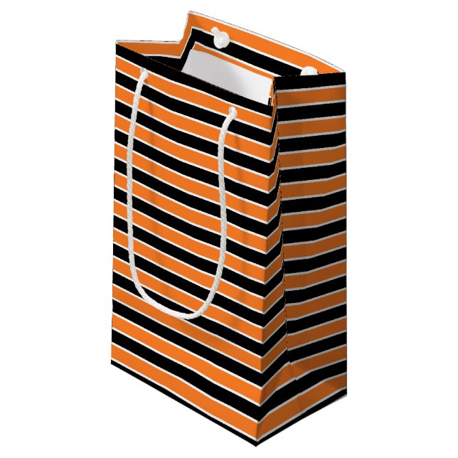Petit Sac Cadeau Rayures oranges et noires et blanches (Devant Angle)