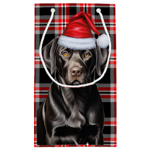 Petit Sac Cadeau Red Plaid avec un mignon chien de Noël Black Lab