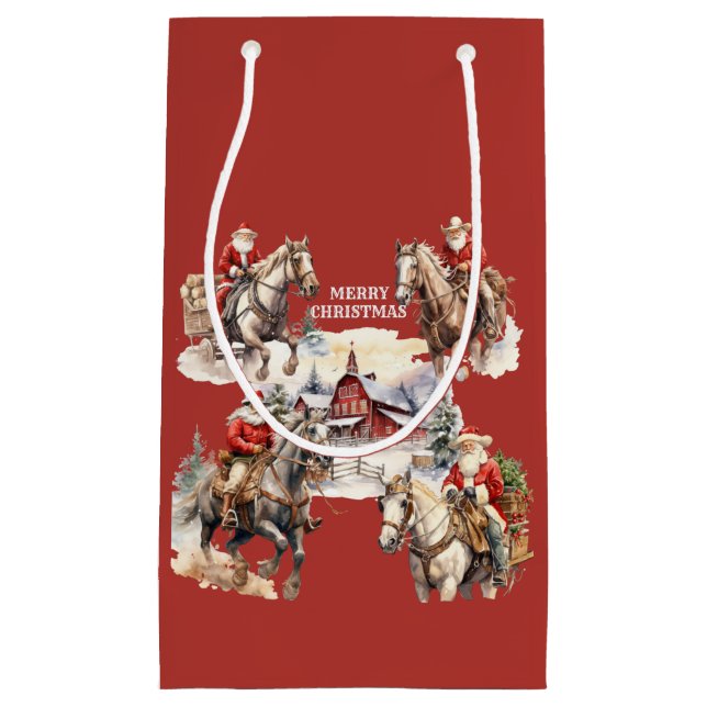 Petit Sac Cadeau Red Western Christmas Père Noël Sur Horseback Cade (Devant)