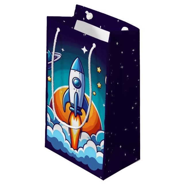 Petit Sac Cadeau Rétro, fusée spatiale (Devant Angle)