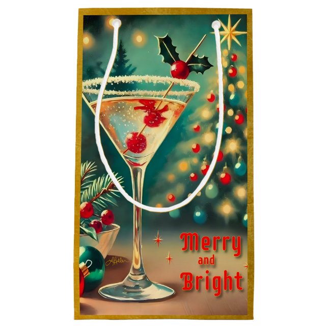 Petit Sac Cadeau Retro les années 50 Merry Bright Christmas Cocktai (Devant)