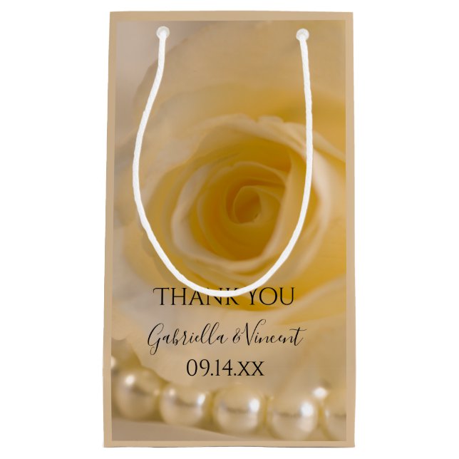Petit Sac Cadeau Rose blanche et perles Mariage Merci Favoriser (Devant)