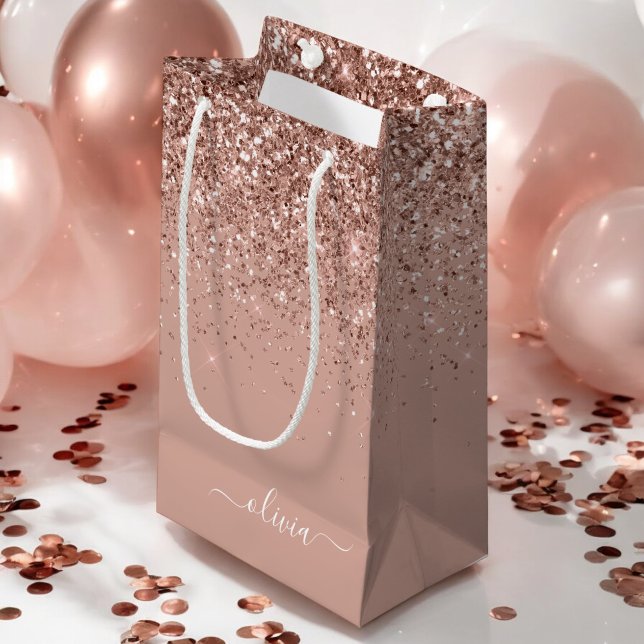 Petit Sac Cadeau Rose Gold Blush Rose Pailleté Monogramme Féminin (Créateur téléchargé)