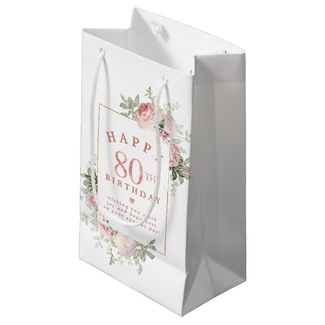 Petit Sac Cadeau Rose rose pâle or 80e anniversaire (Devant Angle)