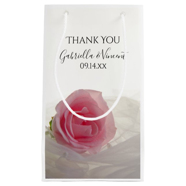 Petit Sac Cadeau Rose rose sur Merci Mariage blanc (Devant)