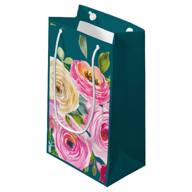 Petit Sac Cadeau Roses d'aquarelle en rose et crème sur Turquoise (Devant Angle)