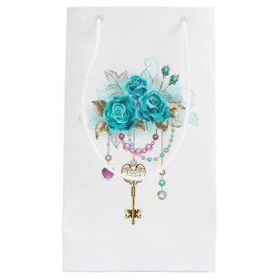 Petit Sac Cadeau Roses turquoise avec touches
