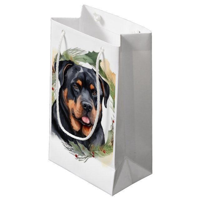 Petit Sac Cadeau Rottweiler Christmas Wreath Festive Pup (Devant Angle)