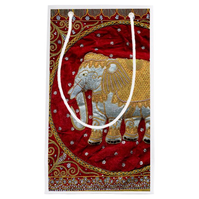 Petit Sac Cadeau Rouge embelli et or d'éléphant d'Asie (Devant)