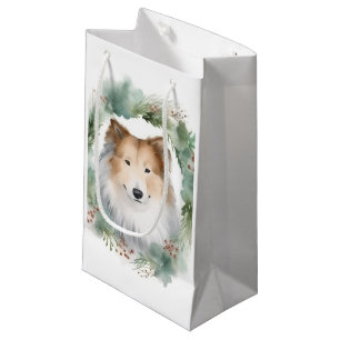 Petit Sac Cadeau Rough Collie Christmas Wreath Festive Pup
