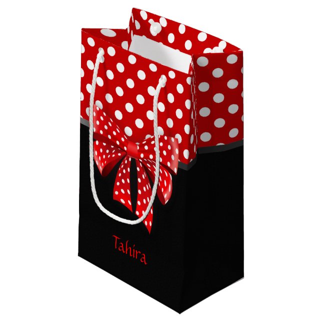 Petit Sac Cadeau Ruban Pois noir, rouge et blanc (Devant Angle)