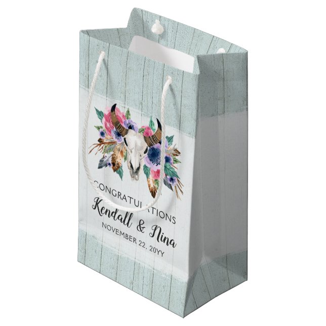 Petit Sac Cadeau Russe Floral Vache Crâne Boho Aquarelle Mariage (Devant Angle)